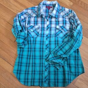 Rock & Roll Cowgirl Turquoise Plaid Studded Western Shirt
